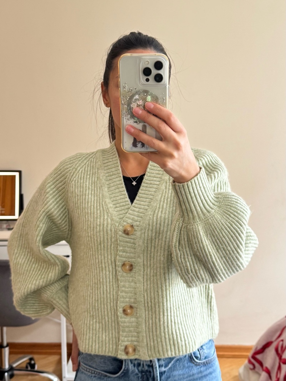 Mango Soft Sage Green Ribbed Button Cardigan - Picture 3 of 9